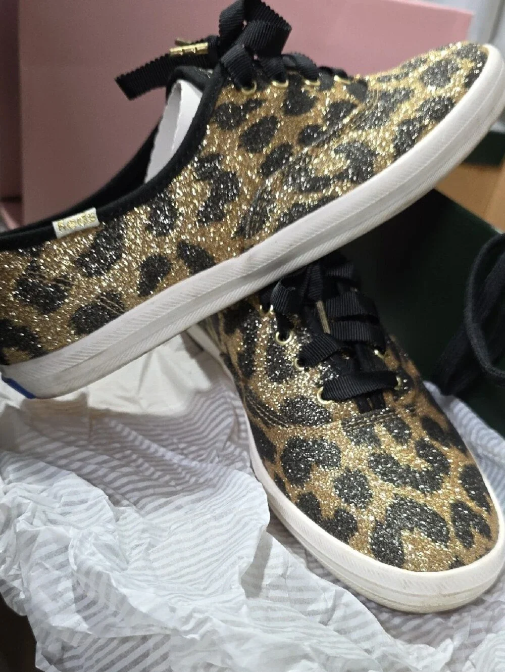 kate spade Leopard Glitter Ribbon Lace-Up Sneakers in Gold and Black